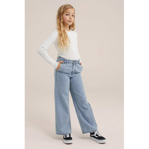 WE Fashion Blue Ridge high waist wide leg jeans met krijtstreep bleached denim Blauw 116