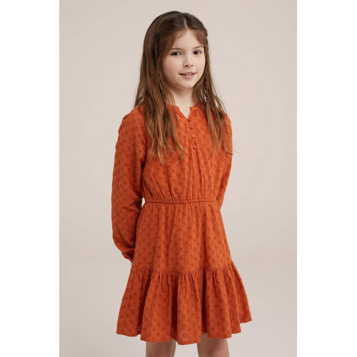 WE Fashion gebloemde jurk oranje bruin Meisjes Katoen Ronde hals Bloemen 98 104