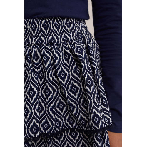 WE Fashion rok met all over print en volant donkerblauw wit Meisjes Gerecycled polyester 98 104
