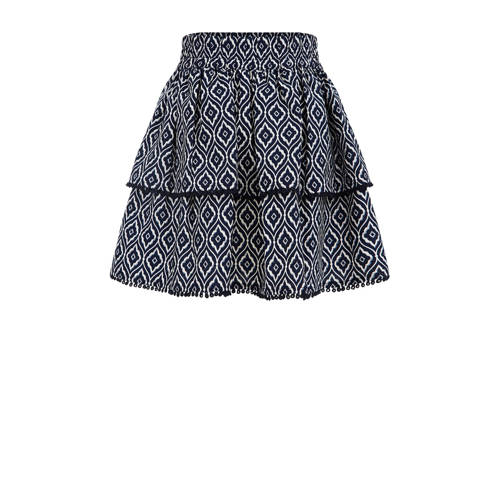 WE Fashion rok met all over print en volant donkerblauw/wit Meisjes Gerecycled polyester