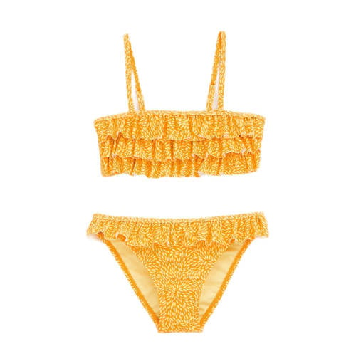 WE Fashion bandeau bikini met ruches geel/wit Meisjes Gerecycled polyamide