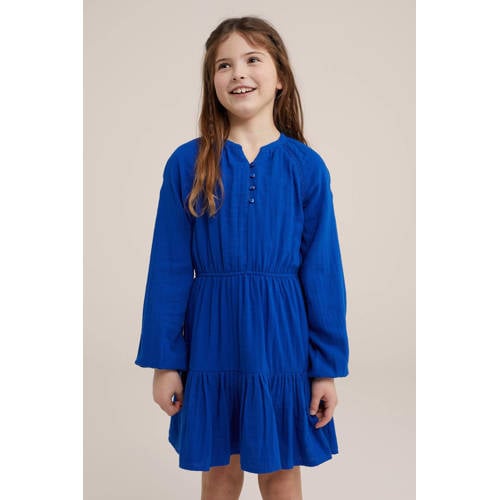 WE Fashion jurk van biologisch katoen helderblauw Effen 146 152
