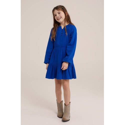 WE Fashion jurk van biologisch katoen helderblauw Effen 158 164