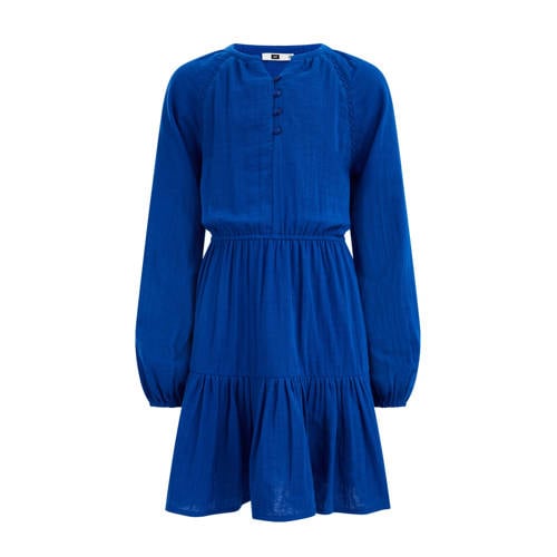 WE Fashion jurk van katoen helderblauw Effen - 110/116