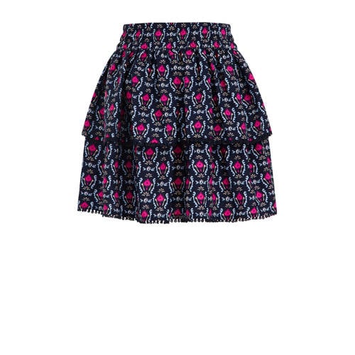 WE Fashion rok met all over print en volant donkerblauw roze lichtblauw Multi Meisjes Gerecycled polyester 110 116