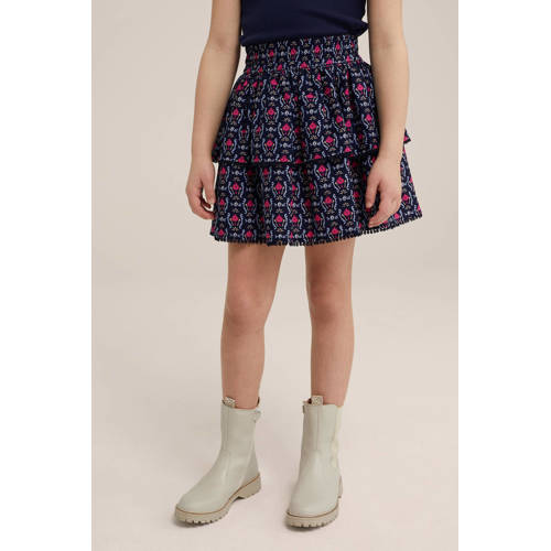 WE Fashion rok met all over print en volant donkerblauw roze lichtblauw Multi Meisjes Polyester 110 116