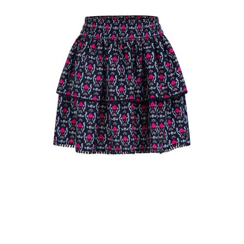 WE Fashion rok met all over print en volant donkerblauw/roze/lichtblauw Multi Meisjes Gerecycled polyester