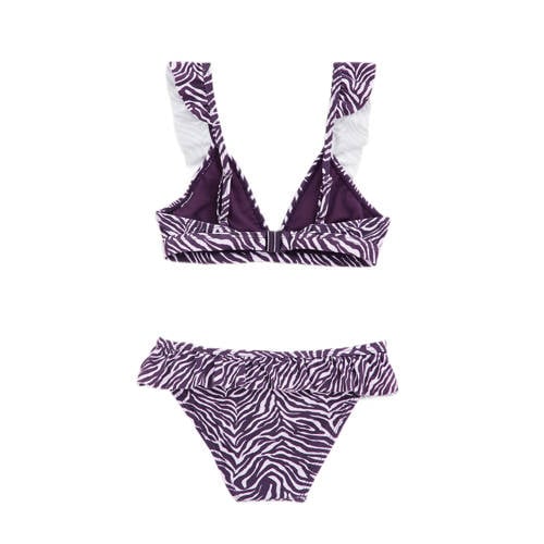 WE Fashion triangel bikini met ruches paars wit Meisjes Polyamide Zebraprint 122 128