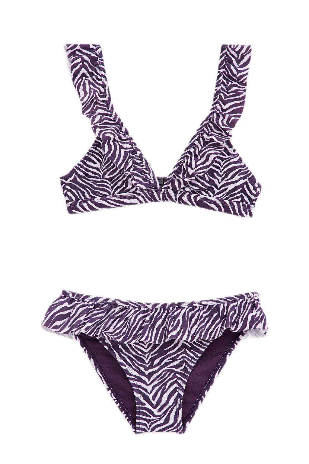 WE Fashion triangel bikini met ruches paars/wit