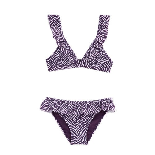 WE Fashion triangel bikini met ruches paars/wit Meisjes Polyamide Zebraprint