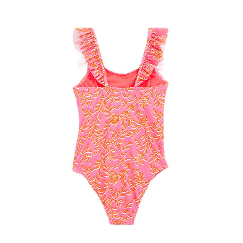 WE Fashion badpak met ruches roze oranje Meisjes Gerecycled polyamide All over print 92