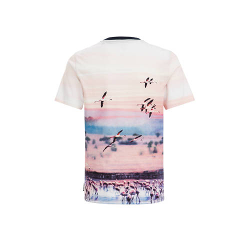 WE Fashion T-shirt met all over print wit roze donkerblauw Multi Jongens Katoen Ronde hals 98 104