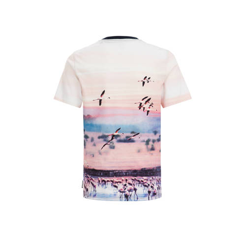 WE Fashion T-shirt met all over print wit roze donkerblauw Multi Jongens Katoen Ronde hals 98 104