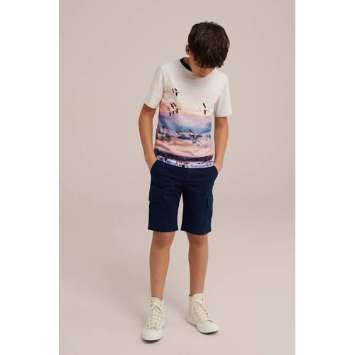 WE Fashion T-shirt met all over print wit roze donkerblauw Multi Jongens Katoen Ronde hals 98 104