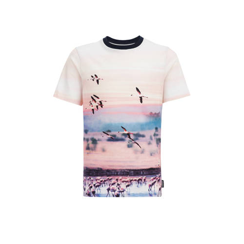WE Fashion T-shirt met all over print wit/roze/donkerblauw Multi Jongens Katoen Ronde hals