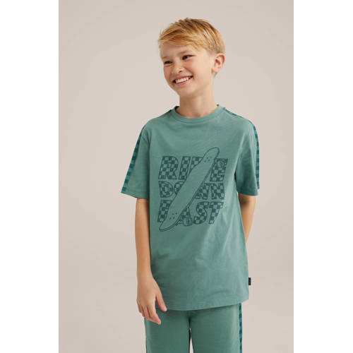 WE Fashion t-shirt groen donkergroen Jongens Katoen Ronde hals Printopdruk 134 140