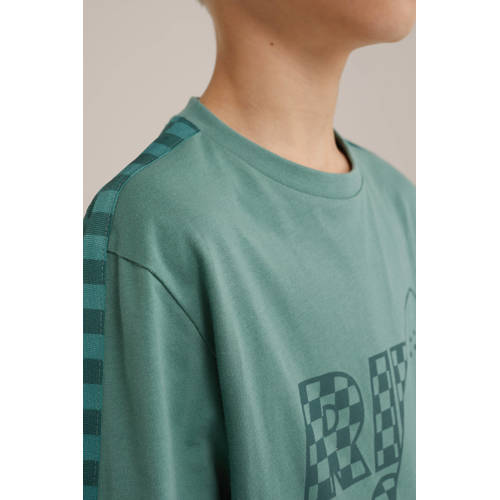 WE Fashion t-shirt groen donkergroen Jongens Katoen Ronde hals Printopdruk 134 140