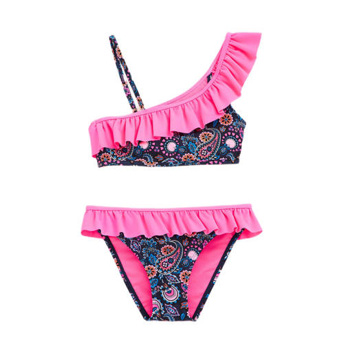 WE Fashion one shoulder bikini met ruches donkerblauw/roze Meisjes Gerecycled polyamide