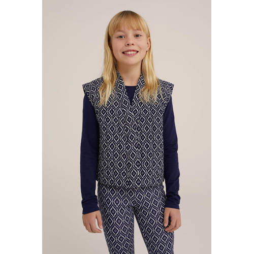 WE Fashion gilet donkerblauw wit Meisjes Gerecycled polyester V-hals All over print 170 176