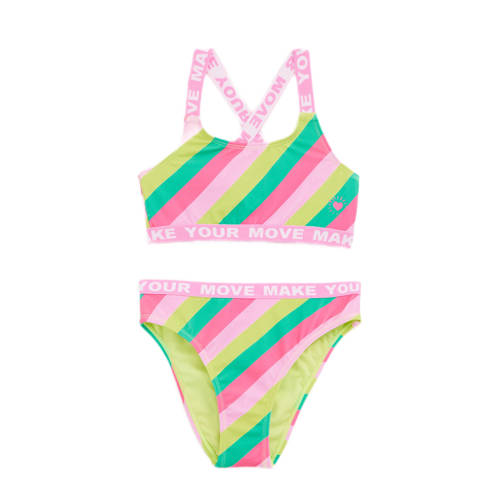 WE Fashion crop bikini roze/geel/turquoise Meisjes Polyamide Streep - 110/116