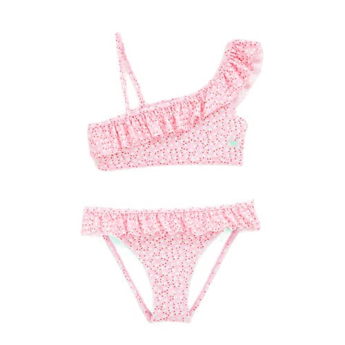WE Fashion one shoulder bikini met ruches roze/wit Meisjes Gerecycled polyamide