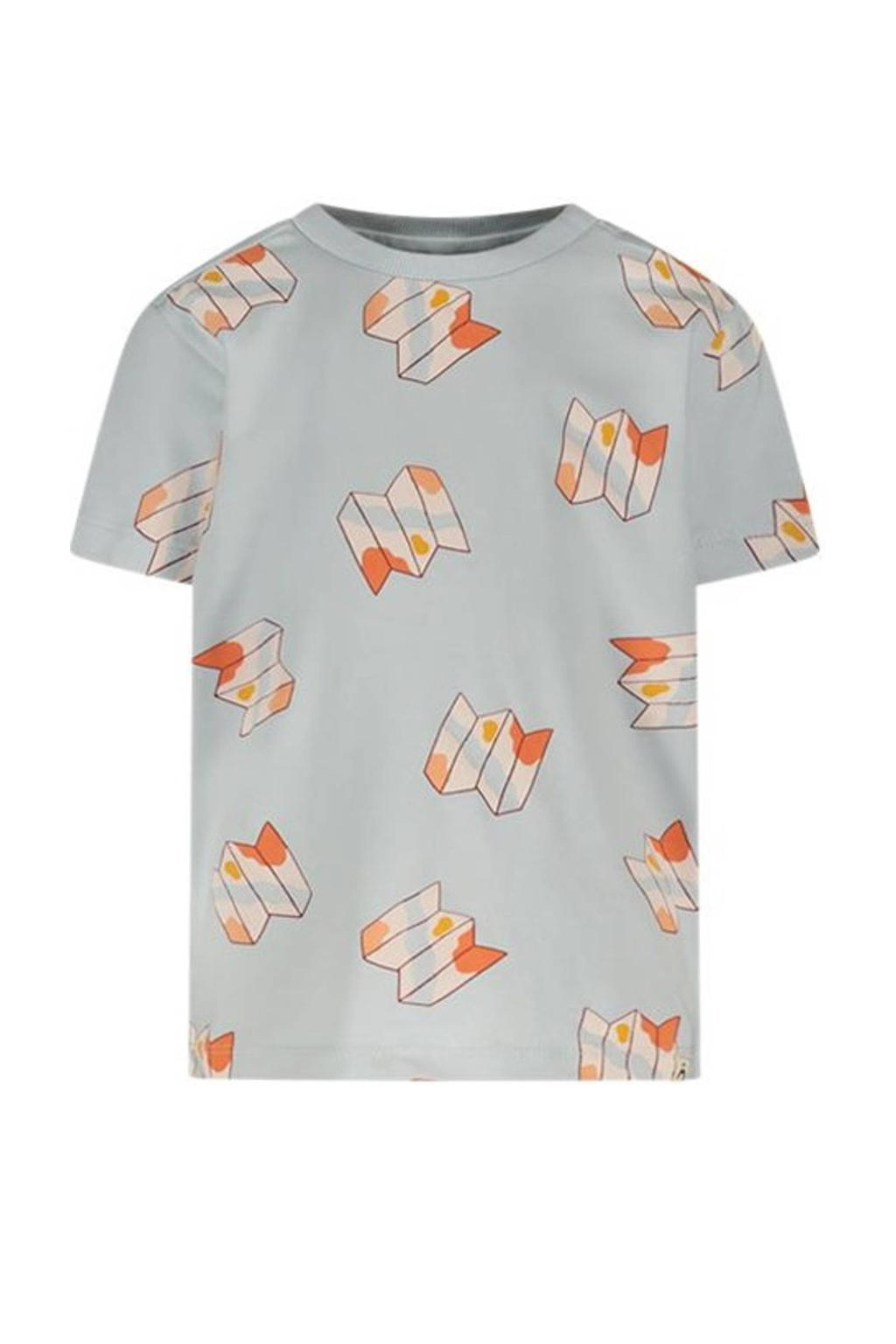 Lichtblauw en oranje jongens en meisjes The New Chapter baby T-shirt Ezra van katoen met korte mouwen, ronde hals en drukknoopsluiting