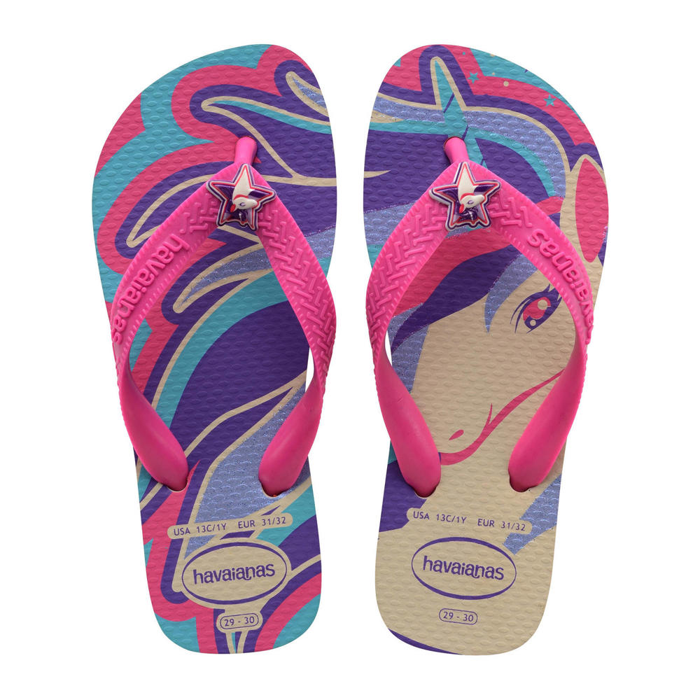 Roze en beige meisjes Havaianas Unicorn teenslippers van rubber met personageprint
