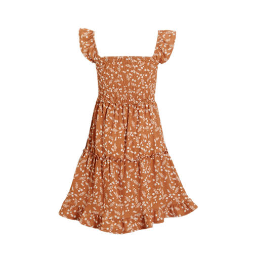 anytime crinkle jurk met all over print lichtbruin Meisjes Polyester Vierkante hals 98 104