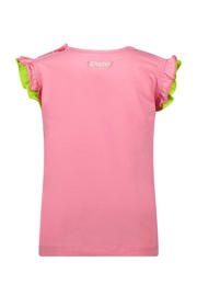 thumbnail: Roze en groene meisjes B.Nosy T-shirt van stretchkatoen met printopdruk, korte mouwen, ronde hals, drukknoopsluiting en ruches