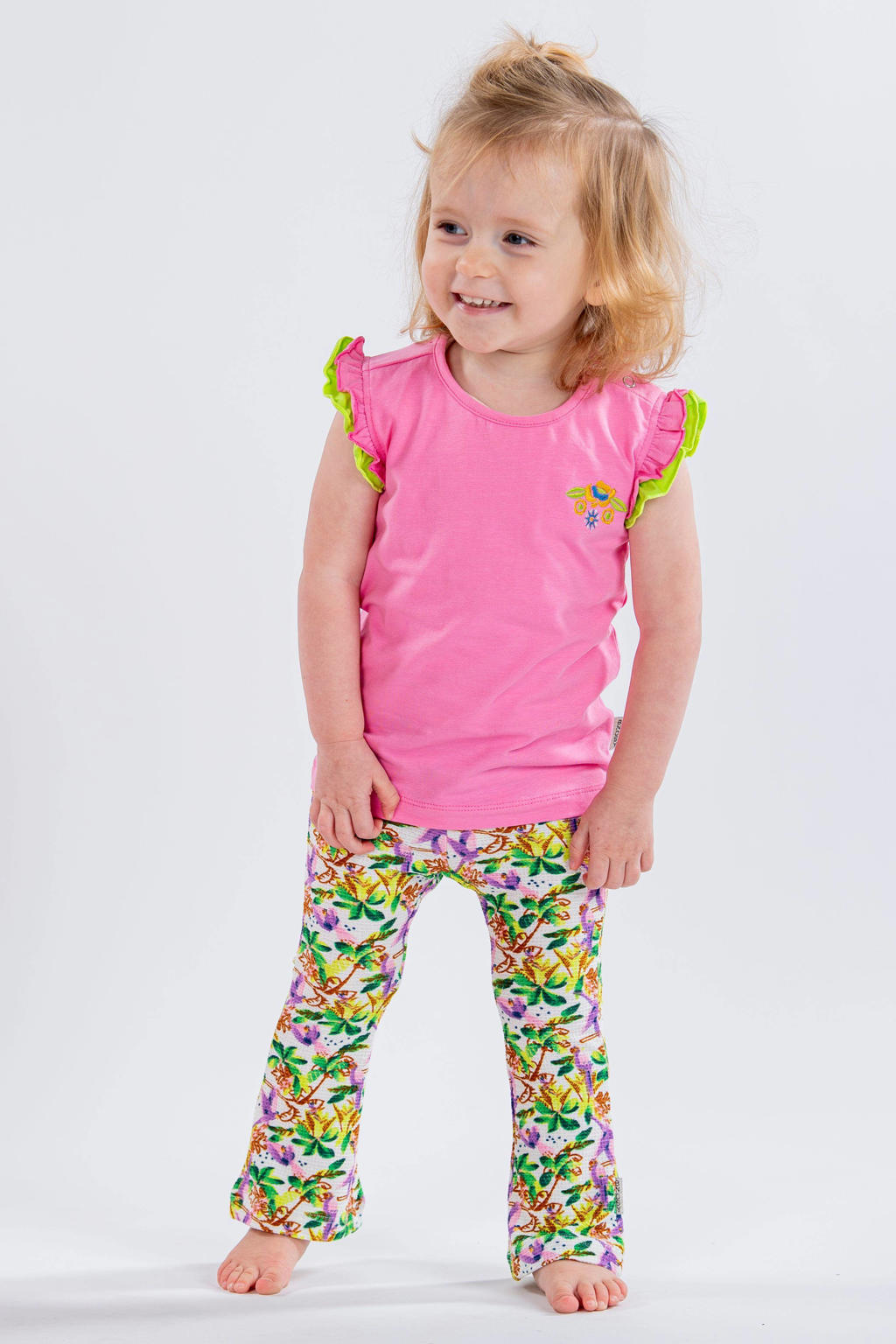 Roze en groene meisjes B.Nosy T-shirt van stretchkatoen met printopdruk, korte mouwen, ronde hals, drukknoopsluiting en ruches