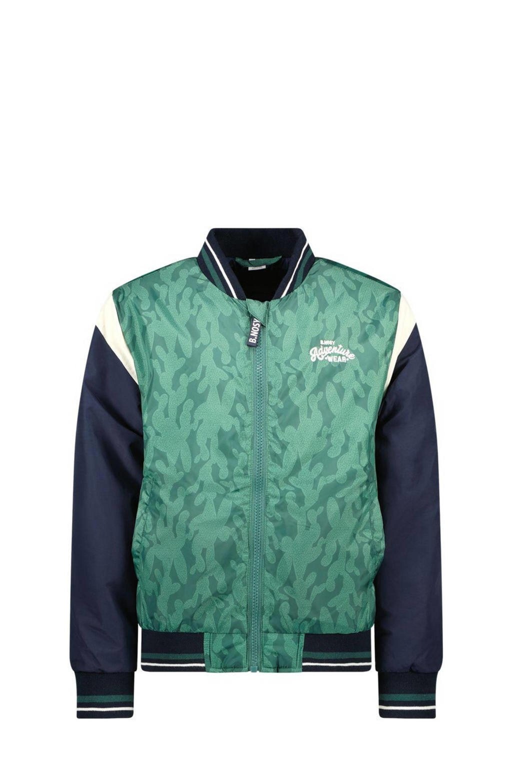 Groen, donkerblauw en ecru jongens B.Nosy bomberjack zomer Gijs van polyester met meerkleurige print, lange mouwen, ronde hals, ritssluiting en elastische boord