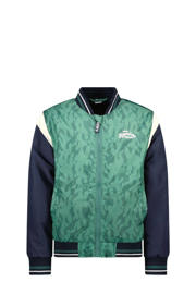 thumbnail: Groen, donkerblauw en ecru jongens B.Nosy bomberjack zomer Gijs van polyester met meerkleurige print, lange mouwen, ronde hals, ritssluiting en elastische boord