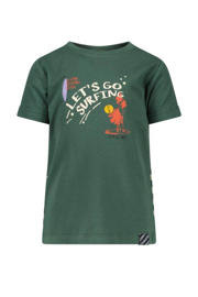 thumbnail: Groen, donkergroen en ecru jongens B.Nosy T-shirt Kelvin van stretchkatoen met printopdruk, korte mouwen, ronde hals en drukknoopsluiting