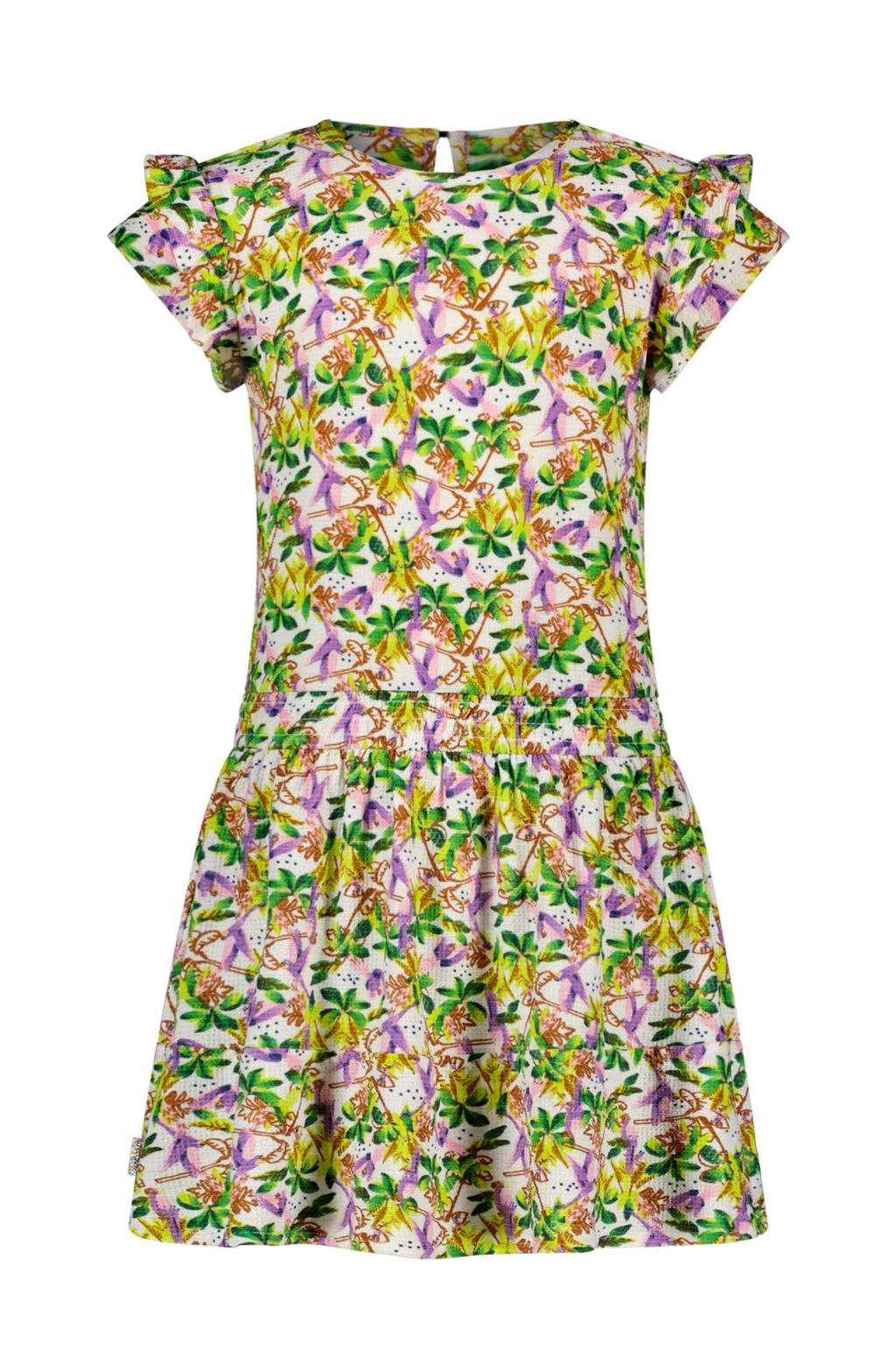 Roze, groen en gele meisjes B.Nosy gebloemde jurk van polyester met korte mouwen, ronde hals en elastische tailleband