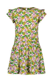 thumbnail: Roze, groen en gele meisjes B.Nosy gebloemde jurk van polyester met korte mouwen, ronde hals en elastische tailleband