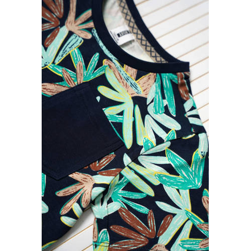 B.Nosy T-shirt met bladprint donkerblauw lichtgroen Jongens Stretchkatoen Ronde hals 104