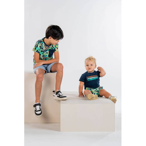 B.Nosy T-shirt met bladprint donkerblauw lichtgroen Jongens Stretchkatoen Ronde hals 104