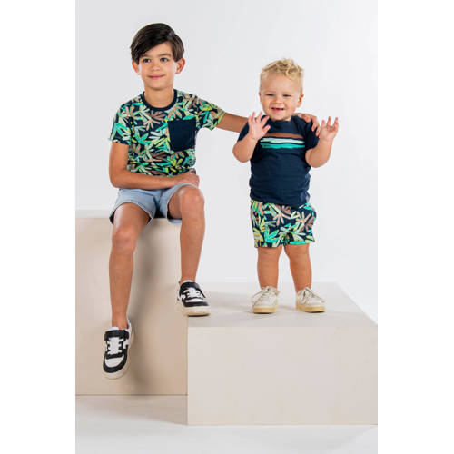 B.Nosy T-shirt met bladprint donkerblauw lichtgroen Jongens Stretchkatoen Ronde hals 104