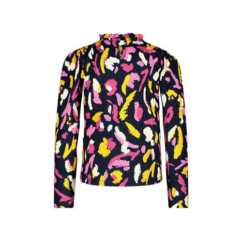 B.Nosy longsleeve met all over print en ruches donkerblauw paars geel Meisjes Polyester Opstaande kraag 98