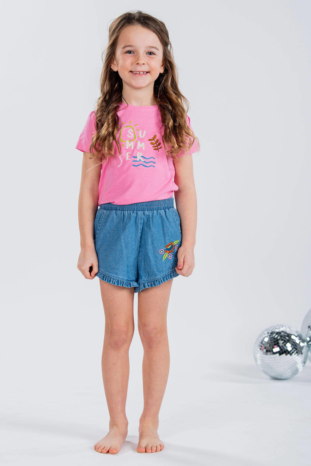 Roze meisjes B.Nosy T-shirt van stretchkatoen met printopdruk, korte mouwen en ronde hals
