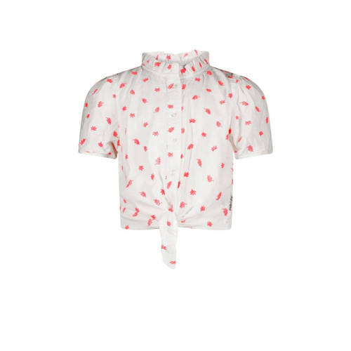 B.Nosy blouse met all over print en ruches wit/fluor roze Meisjes Katoen Opstaande kraag