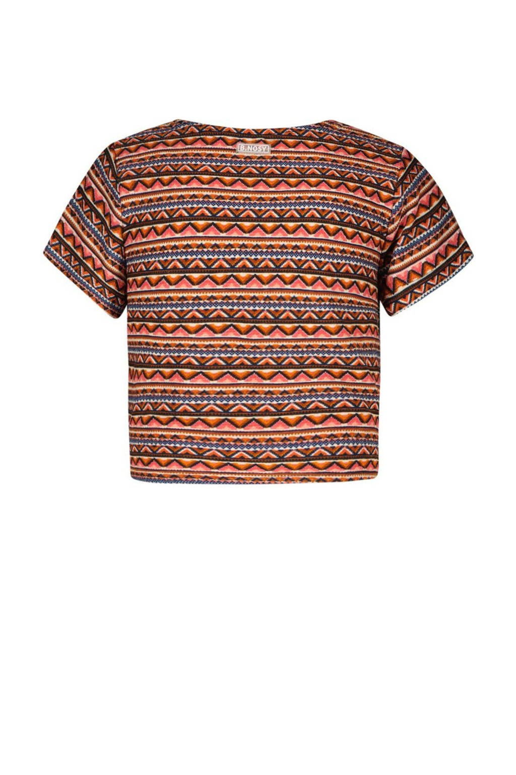 Bruin, brique en blauwe meisjes B.Nosy T-shirt Bibi van polyester met korte mouwen, ronde hals, knoopsluiting en knoopdetail
