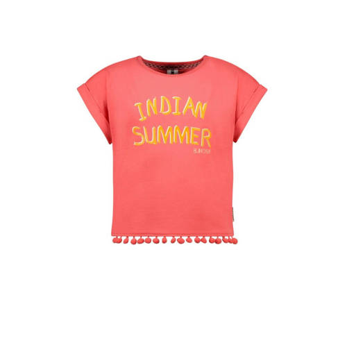 B.Nosy T-shirt met tekst en franjes koraalroze Oranje Meisjes Stretchkatoen Ronde hals
