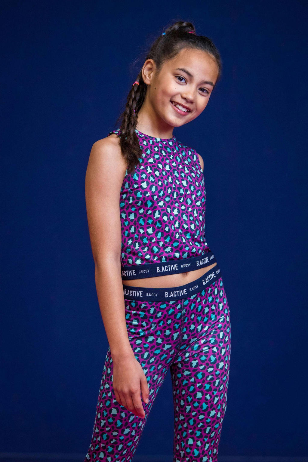 Paars, aqua en donkerblauwe meisjes B.Nosy tanktop Amy van polyester met dierenprint en ronde hals