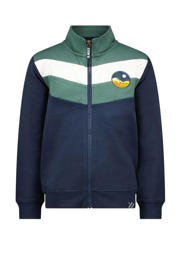 thumbnail: Donkerblauw, groen en ecru jongens B.Nosy sweatvest met meerkleurige print, lange mouwen, opstaande kraag en ritssluiting