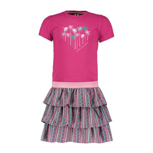 B.Nosy jurk met printopdruk fuchsia/mintgroen/roze Meisjes Stretchkatoen Ronde hals - 104
