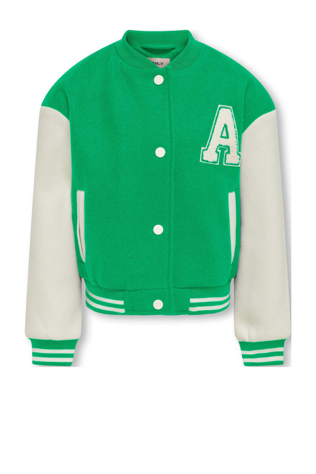 Groen en witte meisjes KIDS ONLY GIRL bomberjack zomer felgroen met meerkleurige print, lange mouwen, ronde hals, rits- en drukknoopsluiting en elastische boord
