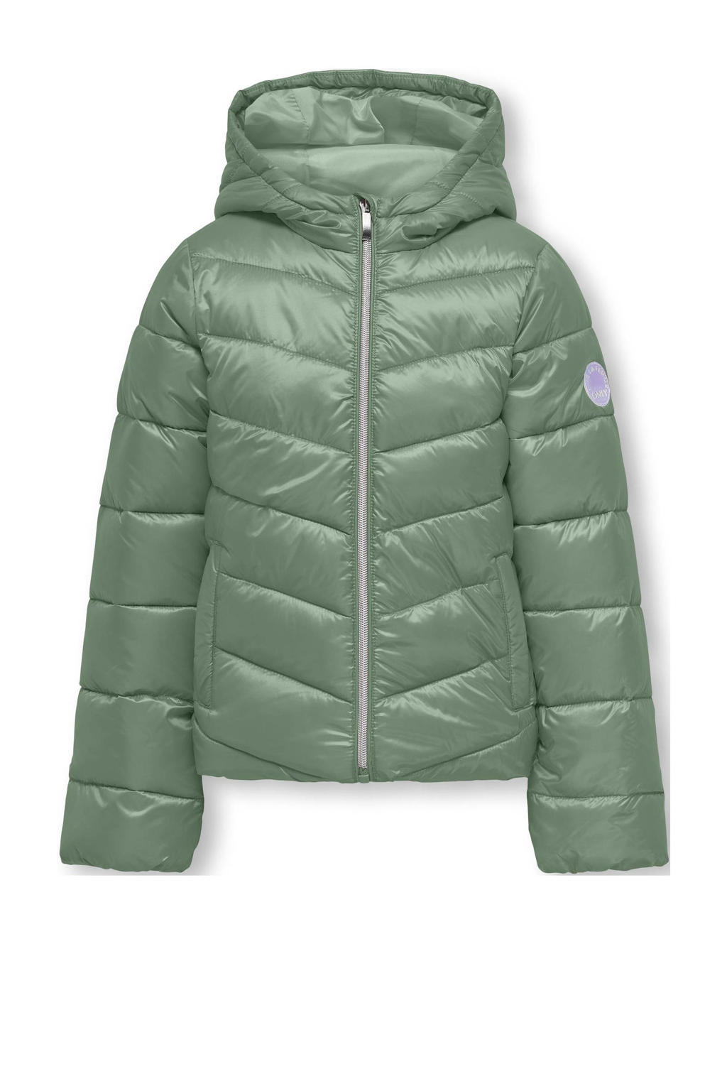 Groene meisjes KIDS ONLY GIRL gewatteerde tussenjas met effen, lange mouwen, capuchon en ritssluiting