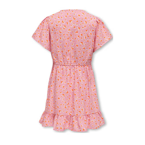 Only KIDS GIRL jurk KOGPALMA met all over print en volant roze oranje wit Meisjes Polyester Ronde hals 122