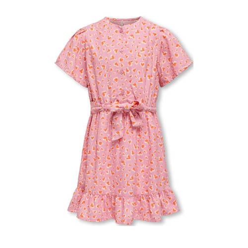 KIDS ONLY GIRL jurk KOGPALMA met all over print en volant roze/oranje/wit Meisjes Polyester Ronde hals